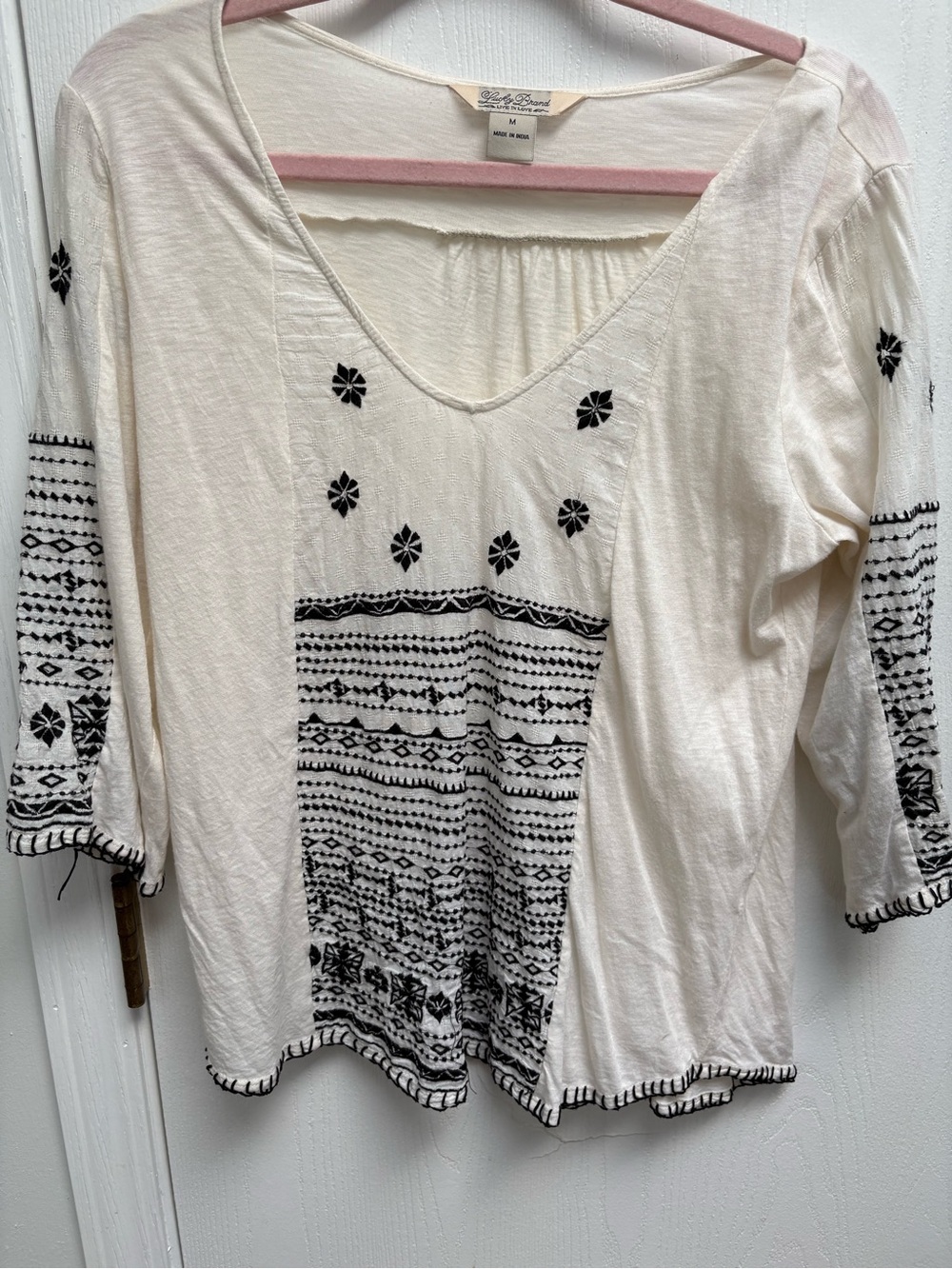 Lucky Brand Cream Tunic with Black Embroidered Pattern - Boho